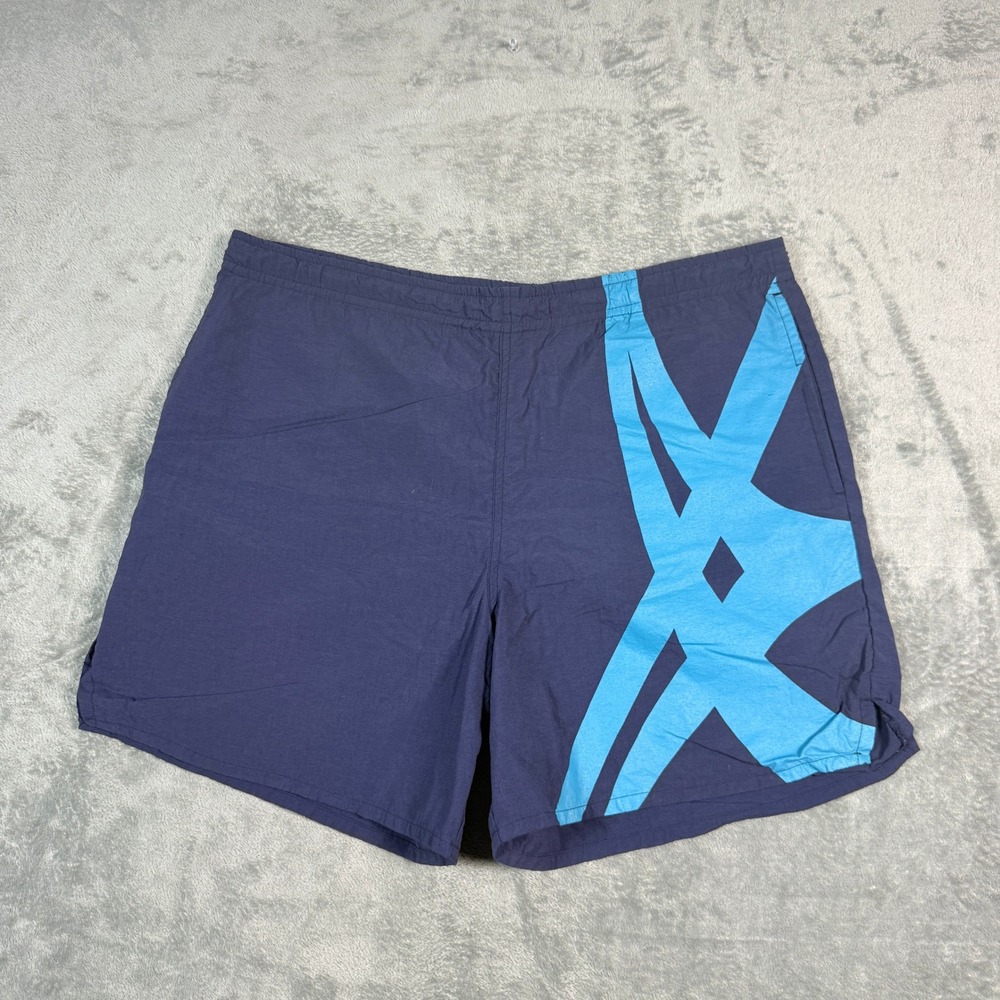 Vintage Asics Mens Large 90's Trunks Navy Blue Graphic Print Nylon